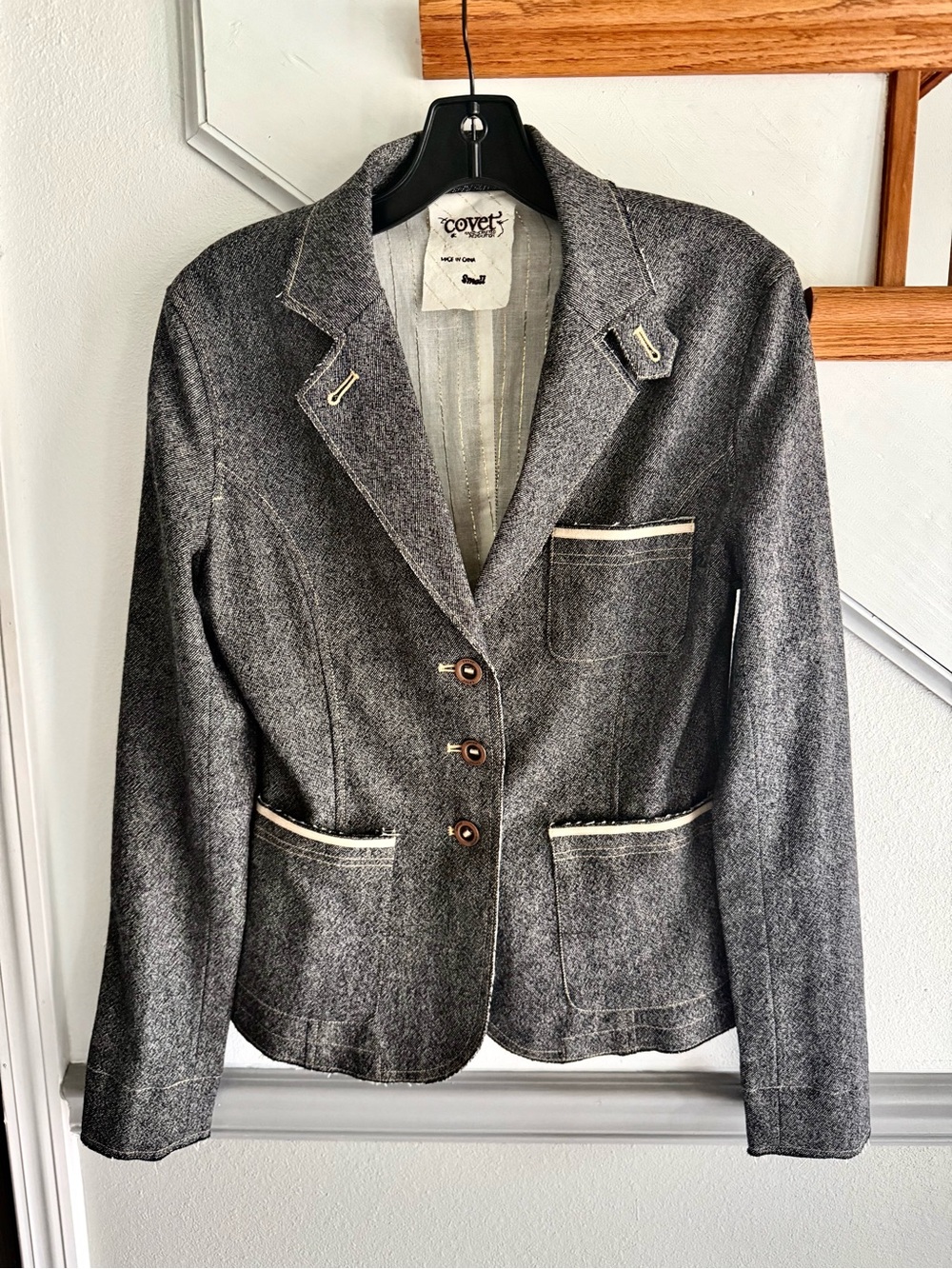 Covet Gray fringe Tailored Notch Lapel Wool-Blend Blazer with Contrast Trim